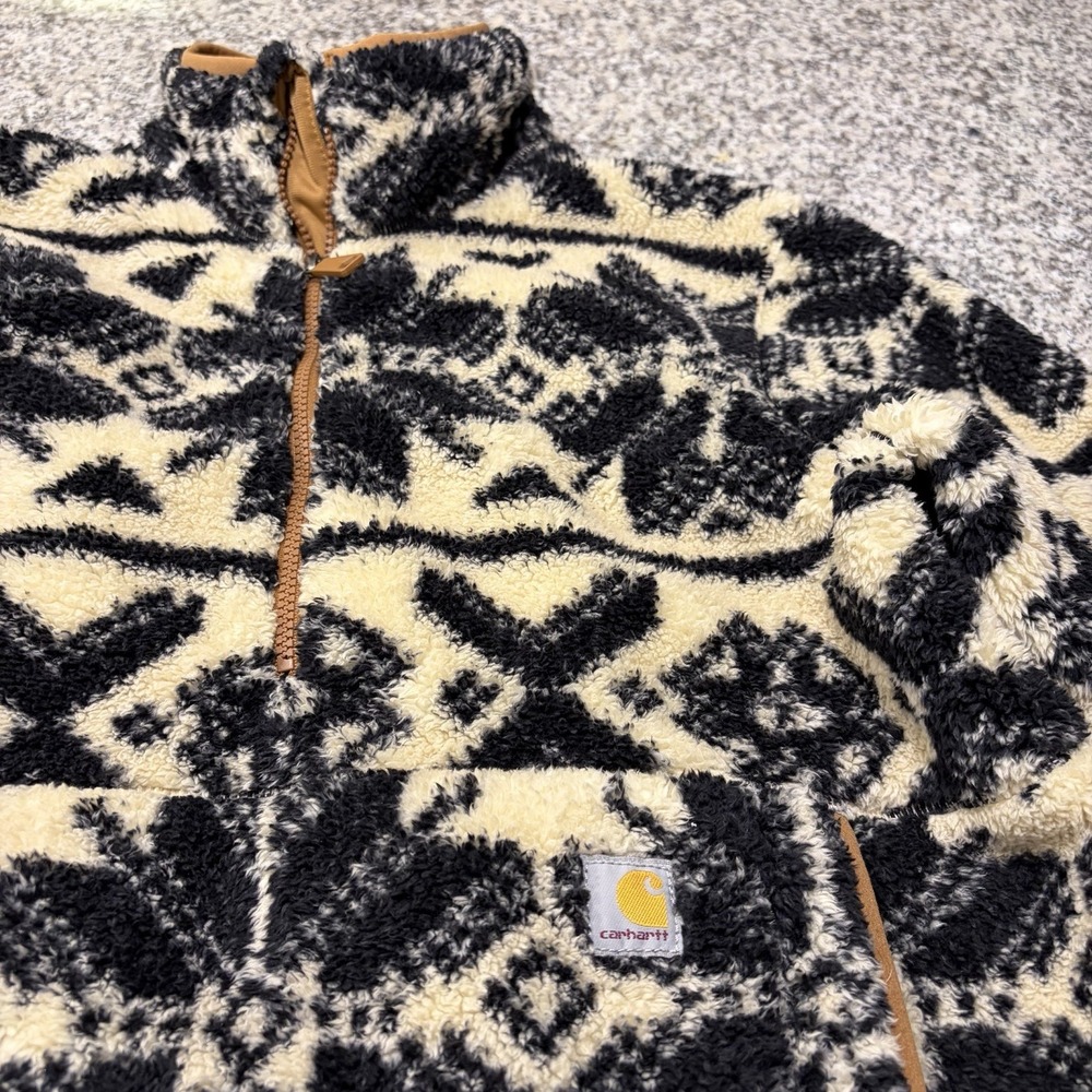 Carhartt Womens Small Loose Fit 1/4 Zip Sherpa Fleece Pullover Black Cream Fair